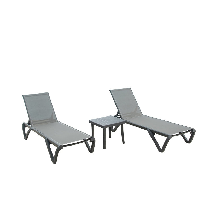 Set of 3 Outdoor Chaise Lounges with Side Table, Aluminum Patio Recliner Chairs with Wheels & 5-Position Adjustable Backrest for Poolside and Garden