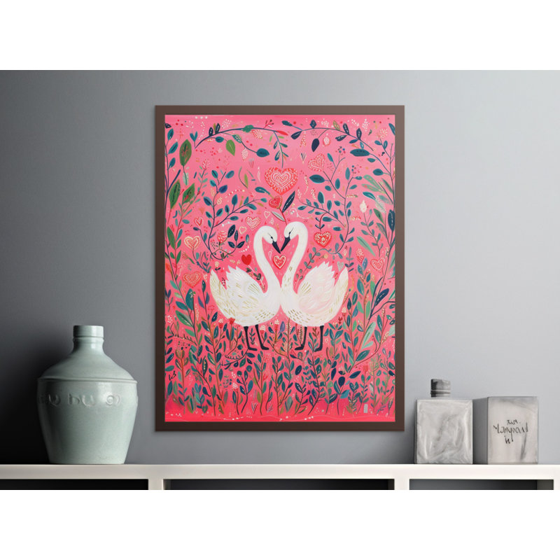 Swan Heart Wall Art, Love Birds Print, Pink Floral Art, Romantic Home Decor, Framed Art, Available in Sizes
