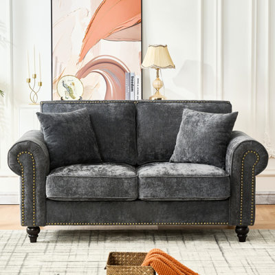 Canapé moderne gris 63 pouces avec accoudoirs arrondis, revêtement en chenille, pattes en bois et garniture cloutée, pieds solides, toucher velours doux 63 2