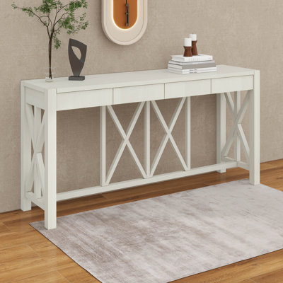 Console en placage d'acacia 60 po avec 4 tiroirs, table d'entrée en X avec rangement ouvert au bas, pieds en acacia massif