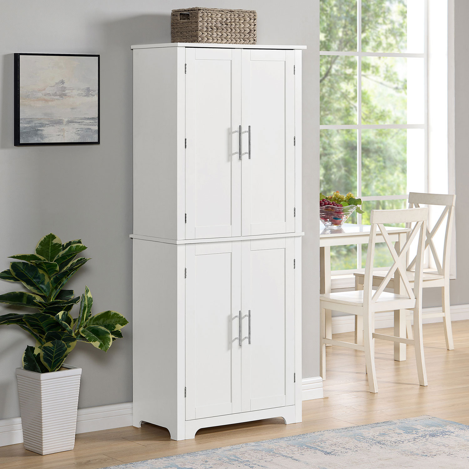 28.15 in. W x 15 in. D x 67.4 in. H White Wood Linen Cabinet with Adjustable Shelf and Storage Racks