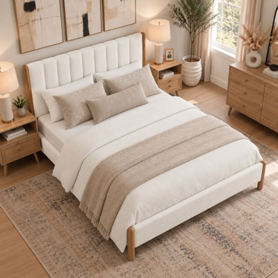 Lit capitonné en bouclette avec tête de lit rembourrée et pieds en bois, blanc