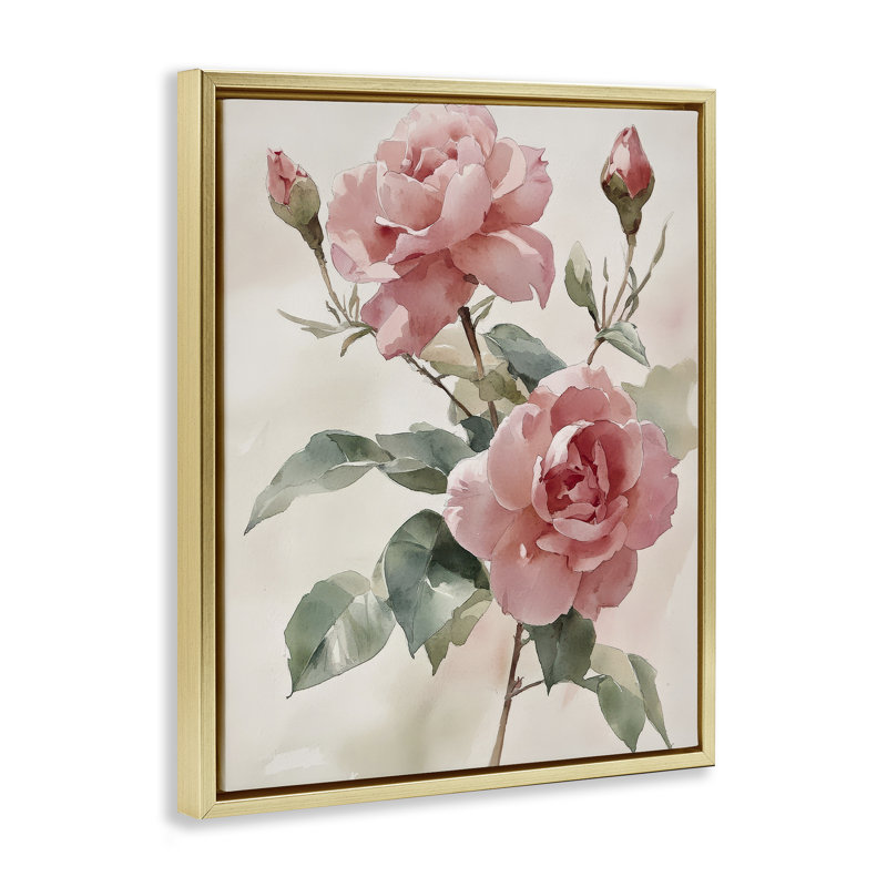 Cadre flottant avec roses roses et bourgeons aquarelle, design par Petal Prints Design, H 31 po x l 25 po