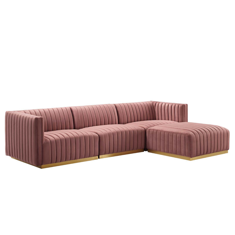 Canapé modulaire 4 pièces Conjure, Velours vieux rose, Doré