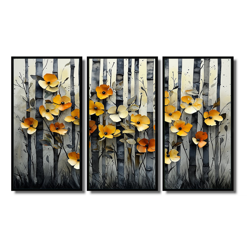 «Geometric Bambo Forest Horizon II», art mural en bambou, 3 pièces, H 28 po x l 36 po, Noir
