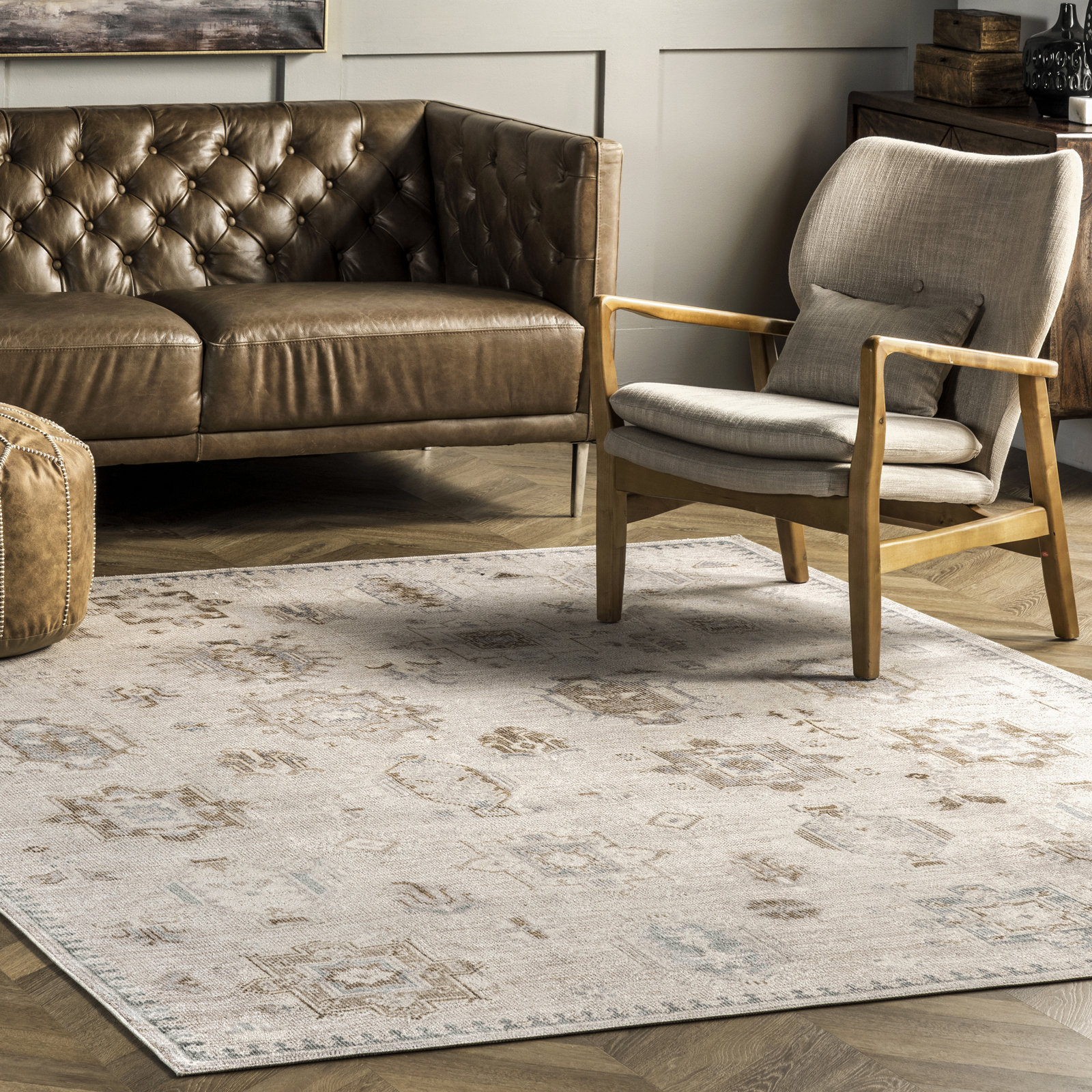 Beige Ivory Machine Washable Oriental Rug, Square 6'