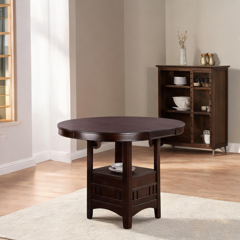 Table de salle à manger ronde avec rangement, hauteur du comptoir, conforme à la photo, 107 cm (42 po), étagères intégrées, base de rangement ouverte.