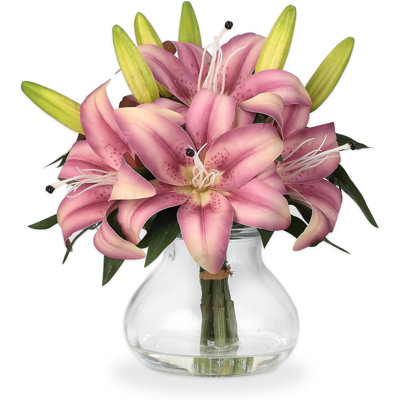 Paquet de 6 fleurs artificielles en soie artificielle avec vase en verre Takywep