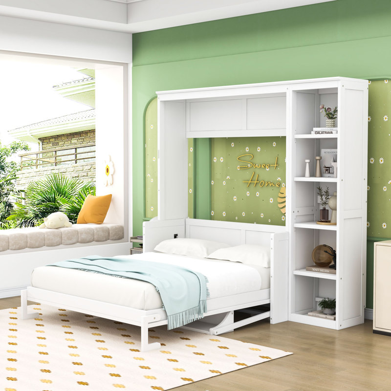 Lit escamotable mural Ell Elletsville avec tablettes, Grand, Blanc, 1 Bed and 2 Side Cabinet Storage Shelf