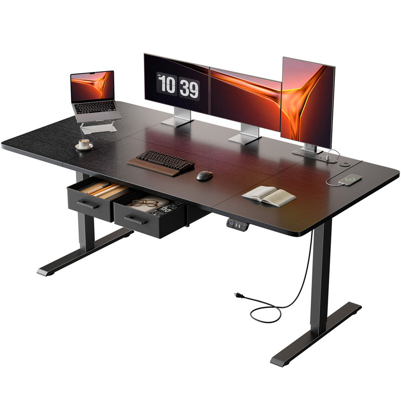 Bureau électrique debout avec prise de courant intégrée et tiroir de rangement, bureau d'ordinateur à hauteur réglable de 63 po x P 31,5 po avec 2 modes de mémoire, bureau assis-debout stable avec station de charge, poste de travail spacieux pour le bureau personnel