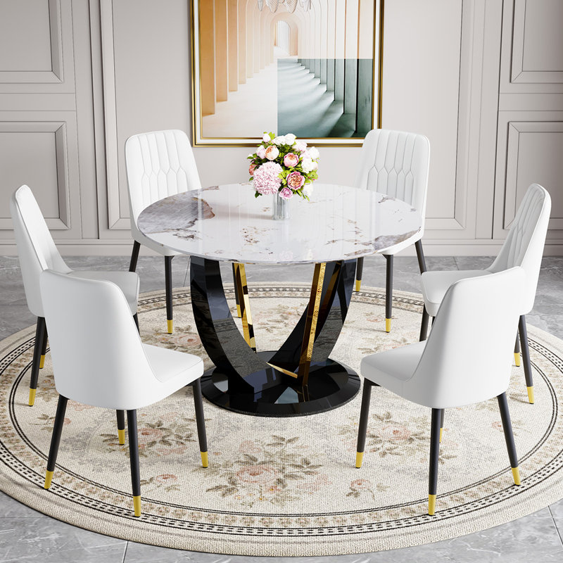 48" Modern Round Dining Table For 4-6 With Tempered Glass Tabletop, White/Black, 7 Pieces: Table, 6 Chairs