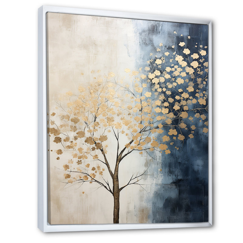 Paysage de trésors dorés et bleus encadrés sur toile, Cadre flottant blanc, H 32 po x l 16 po x P 1 po