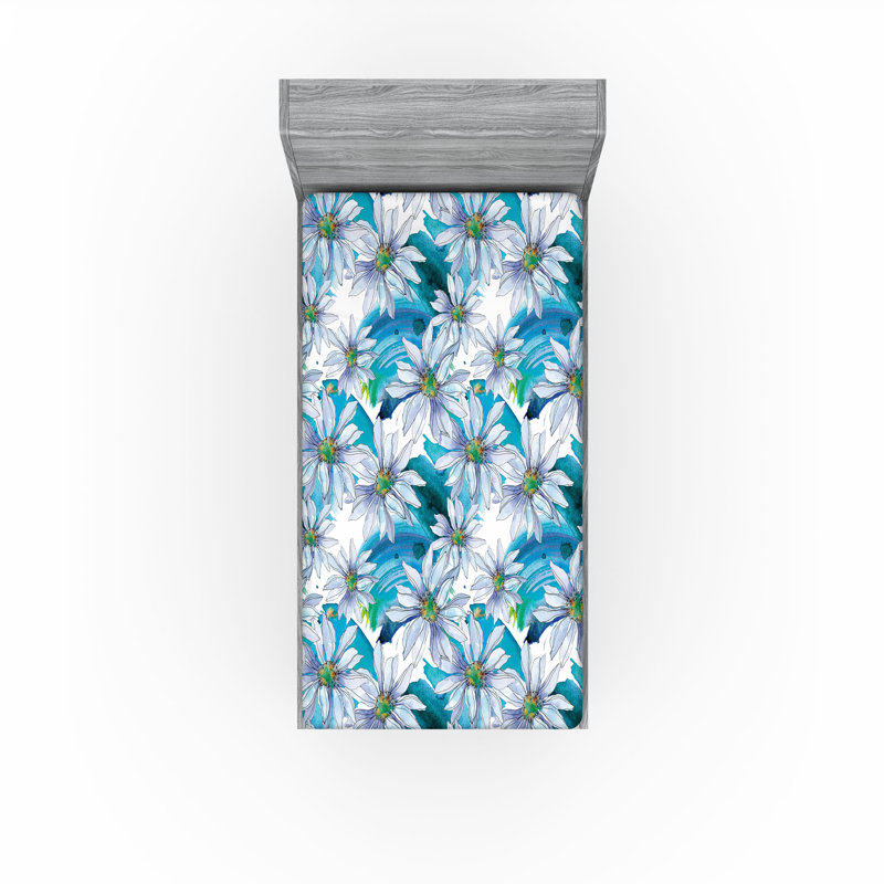 Drap-housse Ambesonne, Drap-housse de taille simple, Bleu mer, bleu doux, blanc / floral