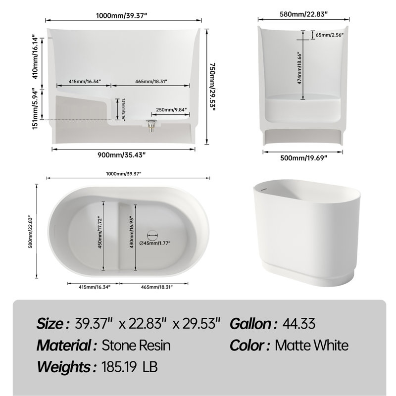 39 Inch Solid Surface Soaking Bathtub - Deep Soak Freestanding Tub