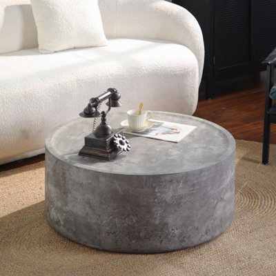 39.37" Round Coffee Table With Faux Concrete Finish For Living Room, Modern Drum Circle Coffee Table For Living Room, No Need Assembly (Concrete Gray)