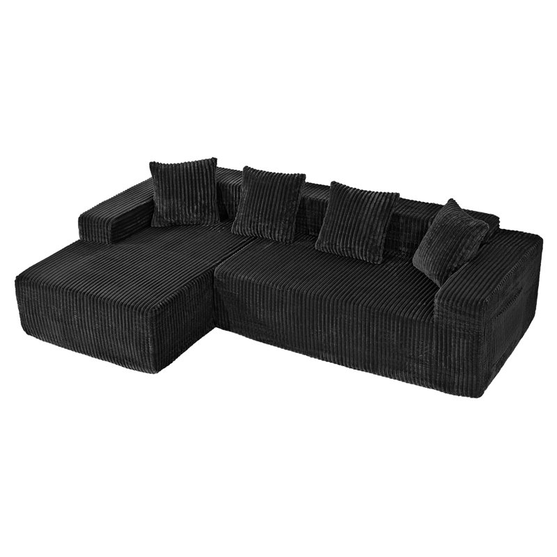 Modern Oversized Corner Sofa L-Shaped Corduroy Sofa With Storage Pockets , Black, Left Hand Facing