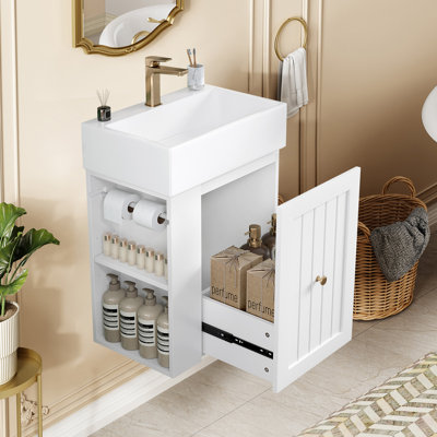 Meuble-lavabo de 20 po avec lavabo en céramique, armoire de rangement en MDF avec tiroir, tablette latérale