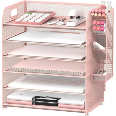 Organisateur de papier à 6 niveaux avec 4 porte-stylos, plateau à lettres en filet et poignée