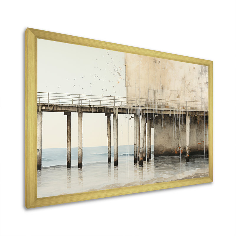 Minimal Watercolor Pier Horizon III - plage et océan, reproduction d'art sur toile, Cadre doré simple