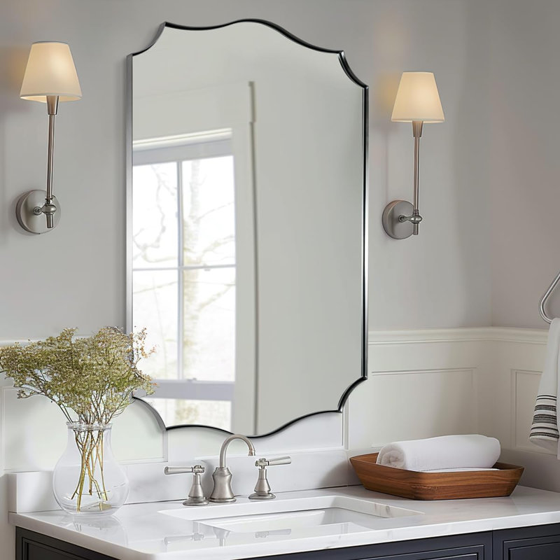 Anayalee Traditional Scalloped Rectangle Bathroom Vanity Mirror | Stainless Steel Frame, Brushed Nickel, 40" x 24"