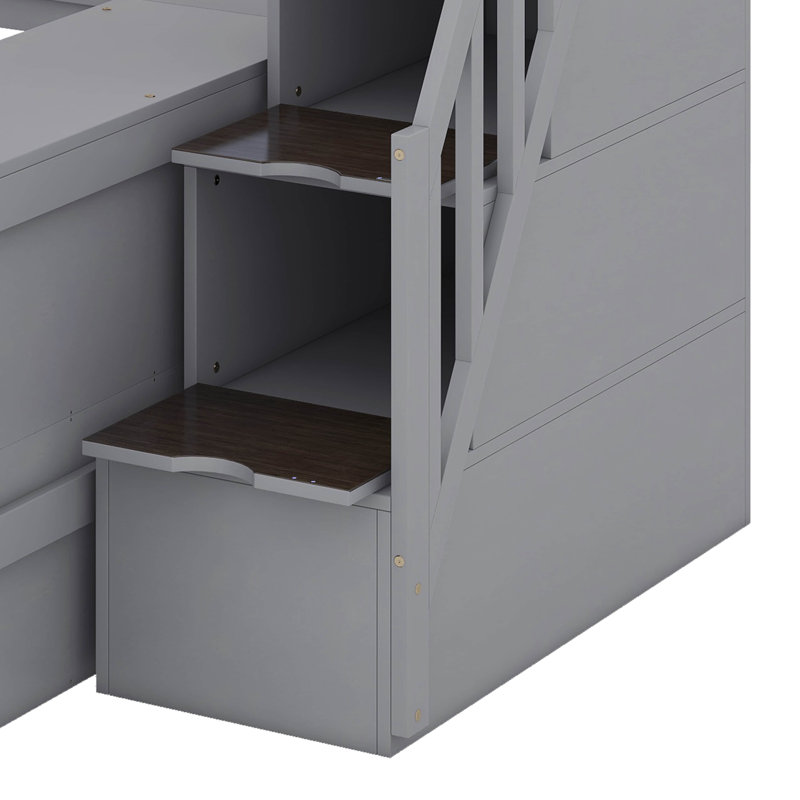Lit mezzanine double avec bureau intégré en forme de L, tablettes de rangement à trois niveaux, escalier de rangement attaché