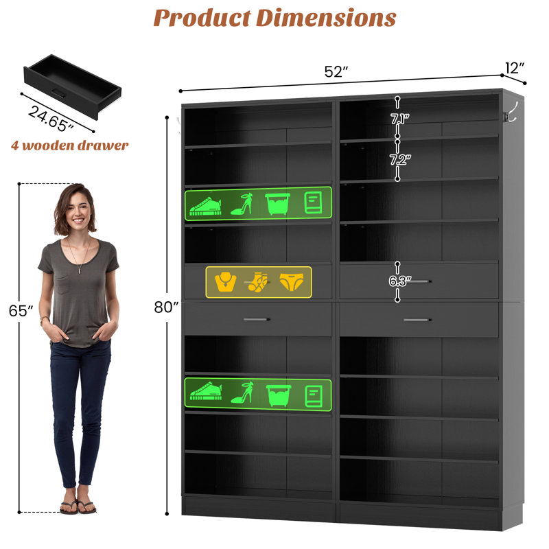 52" W Closet System With 4 Drawers, Black