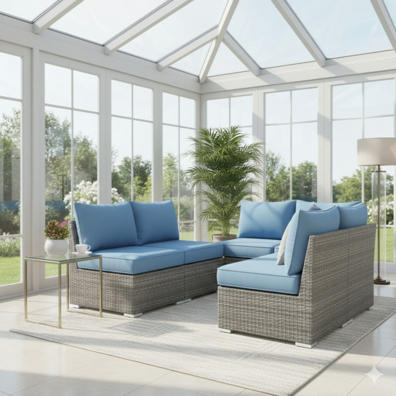 59.8"Width Outdoor Wicker Armless Sofa Set, 2-Piece Patio Loveseat Set With Blue Cushions