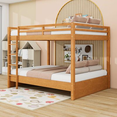 Queen Over Queen Wood Bunk Bed With Ladder And Guardrails