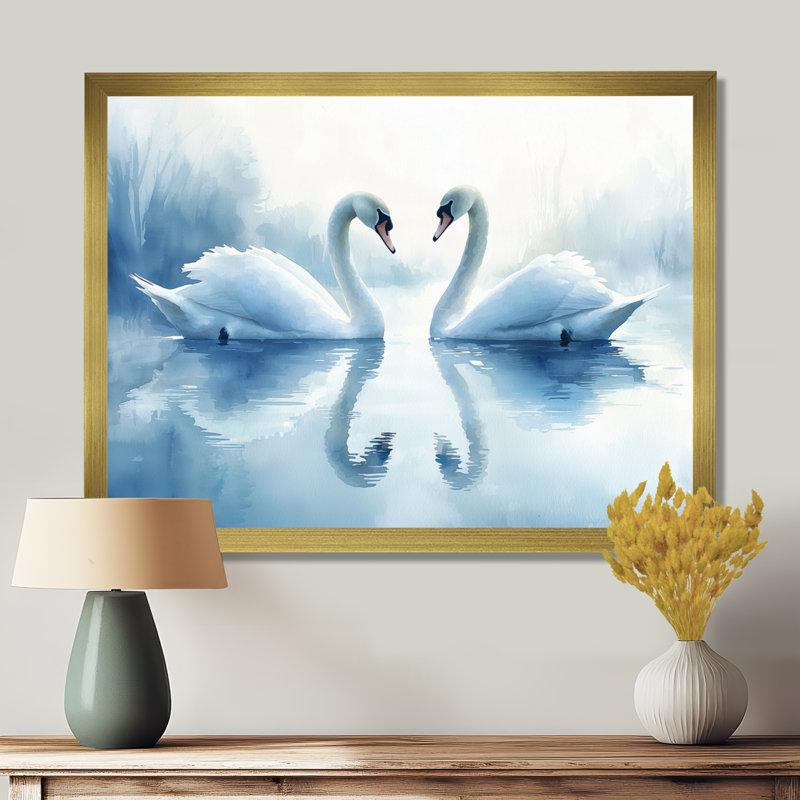Cygnes tranquilles sur le lac II - oiseau, art mural, H 30 po x l 40 po, Picture Framed, Doré