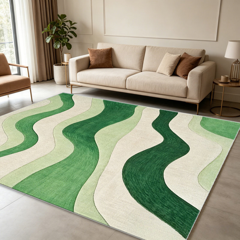 Green Beige Wavy Stripes carpet-easy to clean, machine-washable, soft and comfortable; suitable for door mats, kitchens, living rooms, bedrooms, corridors, and laundry areas. Easy to clean, durable carpet for home decoration.