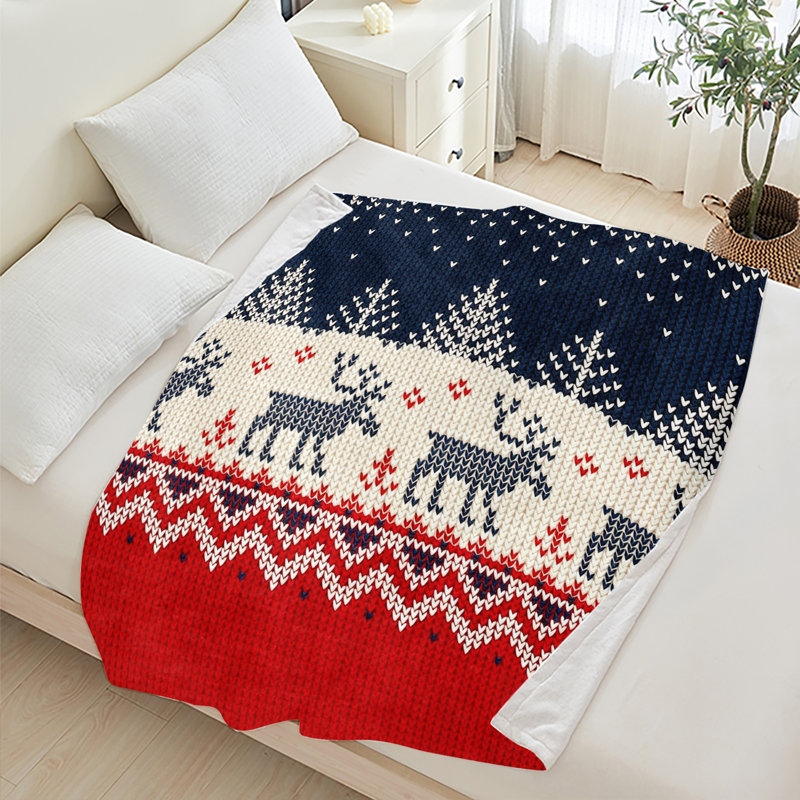 Plaid de Noël en flanelle polaire JYK, léger, respirant, doux et chaud en microfibre pelucheuse, 127 x 152 cm, motif rennes Fair Isle