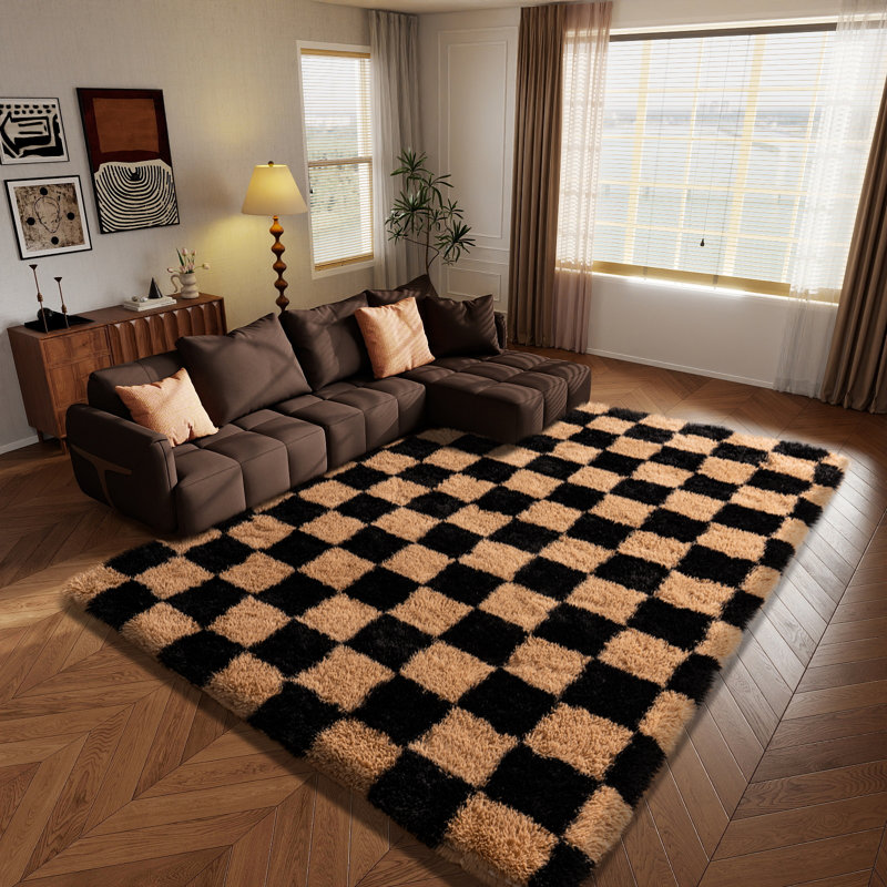 Tapis à carreaux noir et chameau pour l'intérieur, adapté aux salons, aux chambres et aux chambres d'enfants., Tanné
