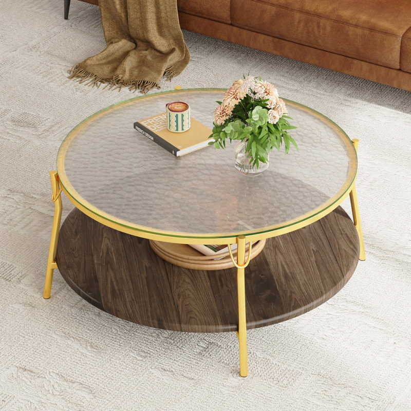 Table basse ronde moderne à 2 niveaux en noyer avec plateau en verre et base dorée pour le salon (table incluse seulement)