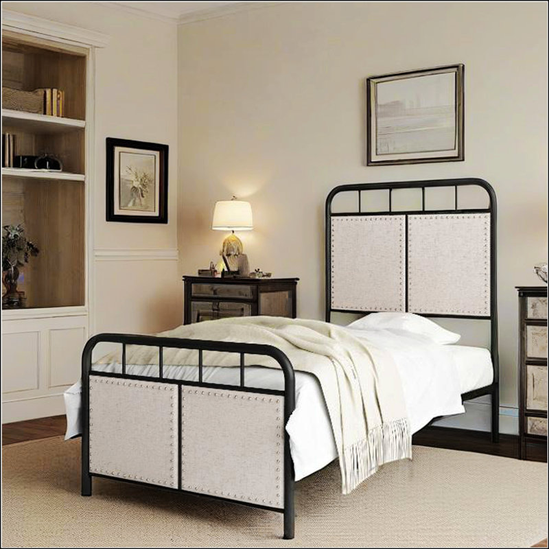 Base de lit simple tapissier en lin avec tête de lit et pied de lit en tissu
