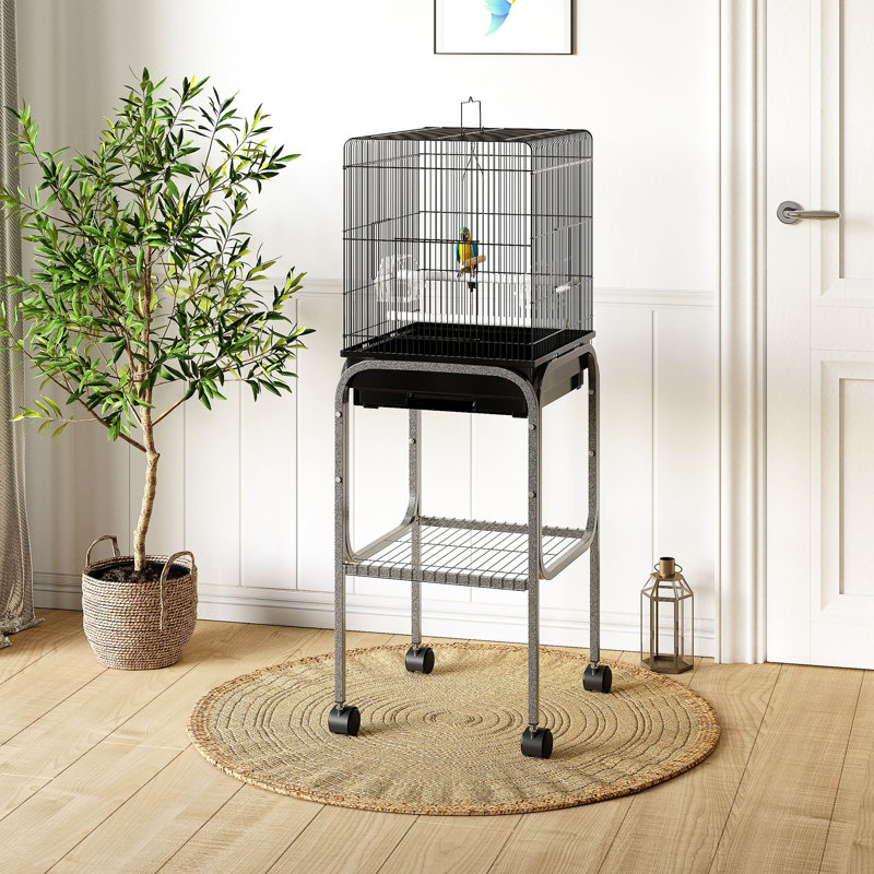 Cage à perroquet en métal de 45 pouces - Volière spacieuse avec support roulant amovible, emplacement de rangement et cage à oiseaux