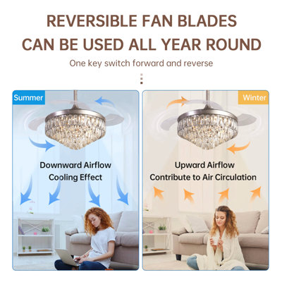 Ventilateur de plafond en cristal de 42 pouces avec lustre en cristal argenté avec télécommande 6 vitesses et 3 changements de couleurs, ventilateurs rétractables à 3 pales pour le salon de la chambre à coucher