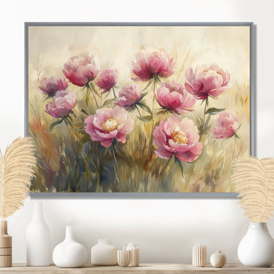 Pivoines dans le champ balayé par le vent III - pivoines, art mural