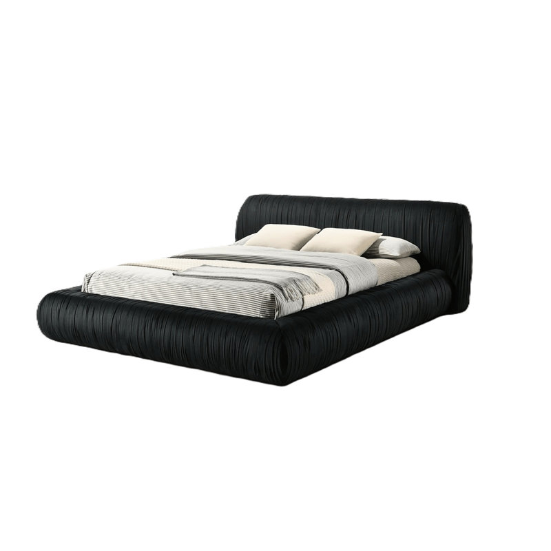 Black Pleated Upholstered Contemporary Engineered Wood Eastern King Platform Bed For Bedroom Elegance With Comfort, Black