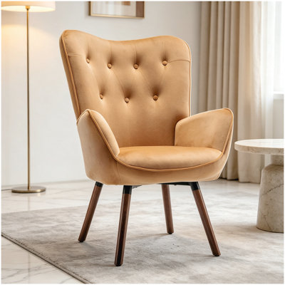 Mid-Century Modern Wingback Accent Chair, Button-Tufted Polyester Fabric Armchair with Solid Wood Splayed Legs for Living Room Bedroom Home Office