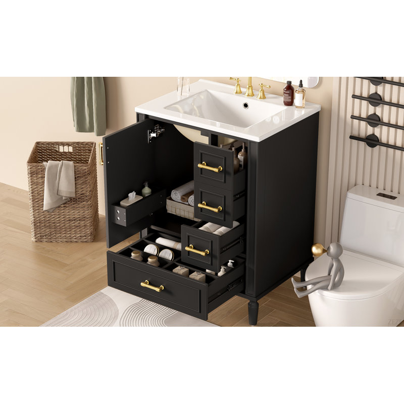 Meuble-lavabo moderne de 24 po avec lavabo en céramique, porte à fermeture douce, 3 tiroirs, poignées dorées et support de porte pour un rangement peu encombrant