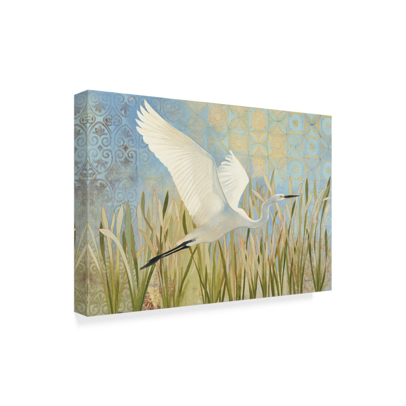 Bohemian Egret in Flight Canvas Art with Blue and Beige Patterns