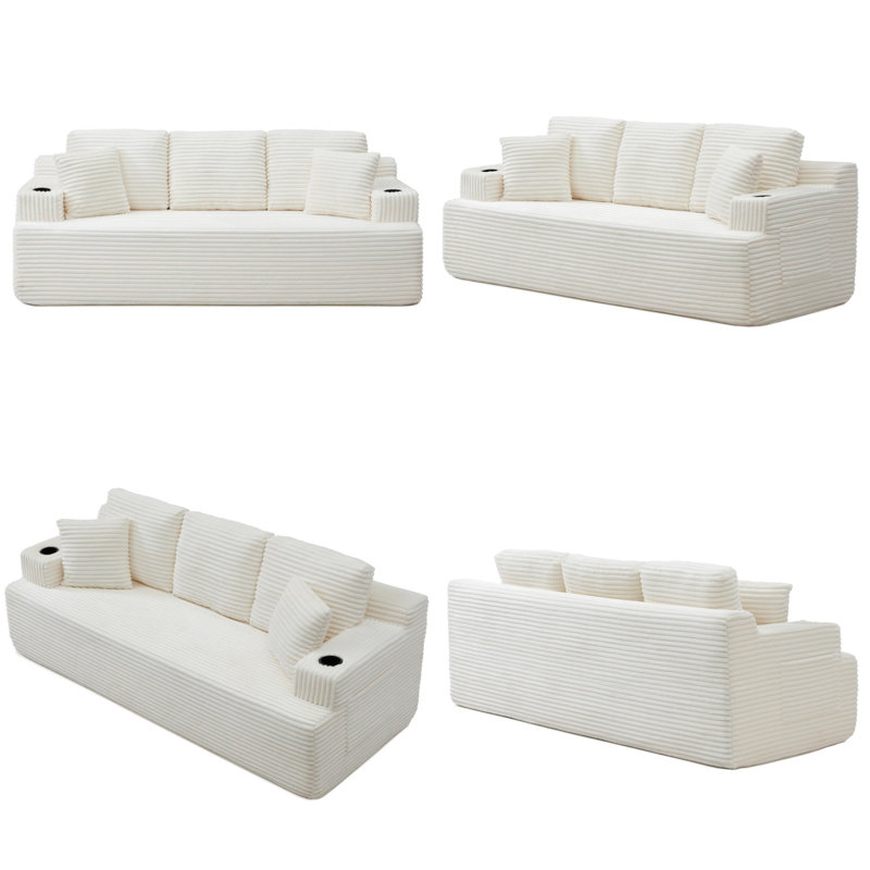 Canapé de 86,2 po sans nuage, canapé à 3 places avec porte-gobelet et poches latérales, canapé en velours côtelé moderne sans assemblage requis pour les petits espaces
