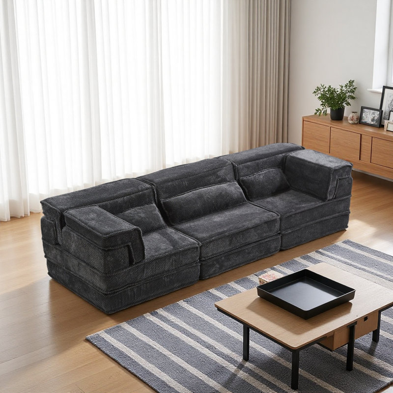 Compression Mahjong Sofa,Convertible Floor Sofa Bed,DIY Boneless Modular Sectional Sofa,No Assembly Required,Circle Fleece Fabric,Oversized 3 Seater With 3 Pillows