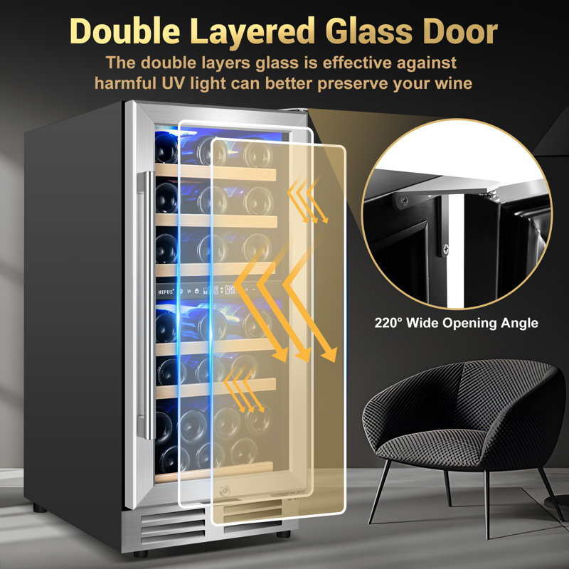 14.96 Inch 30 Bottle Dual Zone Wine Refrigerator Mini Wine Cooler Built-in and Freestanding with Built-In Light and 2 Type Handle Classic Series
