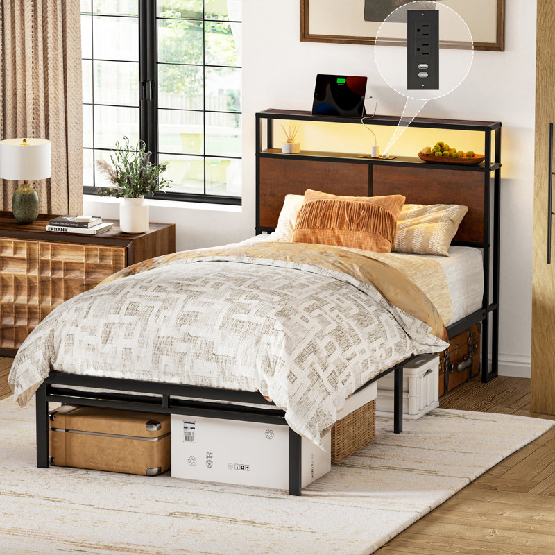 Antioch Bed with LED Light and Charging Station, Storage Headboard, No Box Spring Needed, Twin, Brown
