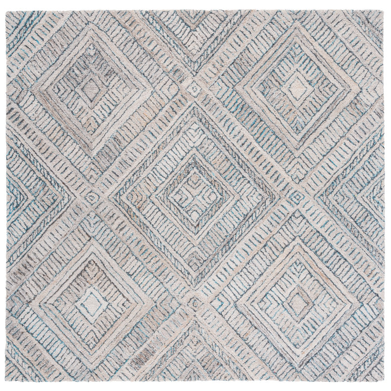 Turquoise and Beige Hand-Tufted Wool Geometric Square Rug