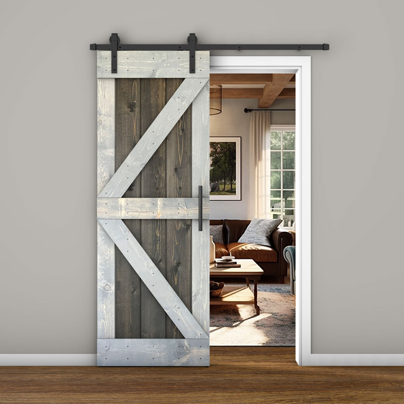 Porte de grange lambrissée peinte en bois et en métal, 30 po x 84 po, Acajou / gris