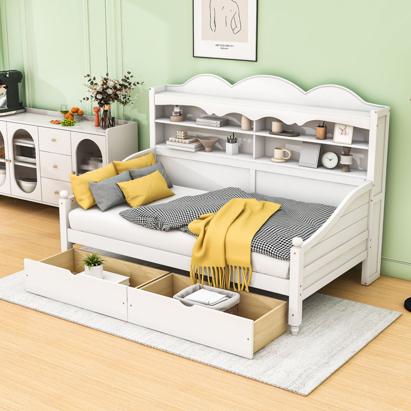 Daybed With Storage Drawers and Shelves, White