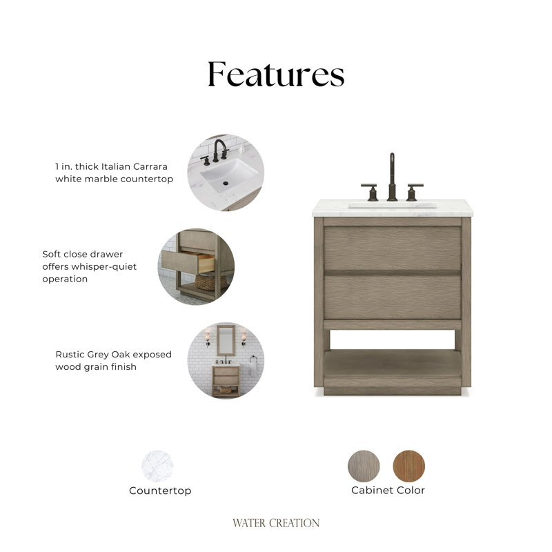 Oakman 30 In. Double Sink Carrara White Marble Countertop Bath Vanity In Grey Oak With Rectangular Mirror