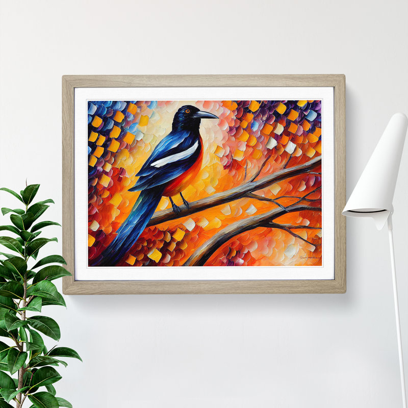Magpie Bird Vol.3 Abstract - Single Picture Frame Painting, 25cm H x 34cm W x 2cm D, Oak